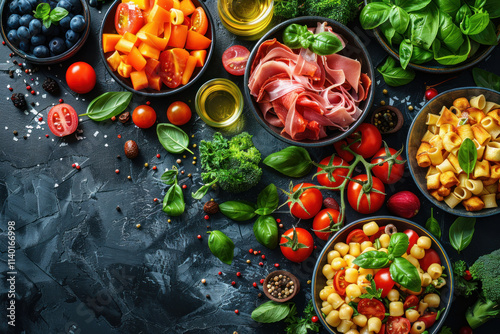 variety of Italian cuisine ingredients laid out on a dark textured surface. photo