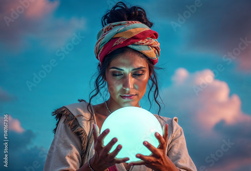 Fortune teller with a magical glowing ball. The concept of clairvoyance