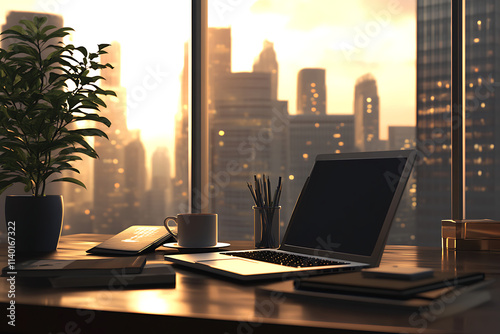 A Modern Office Workspace with a Sleek Laptop, Coffee Cup, and Notebooks. photo