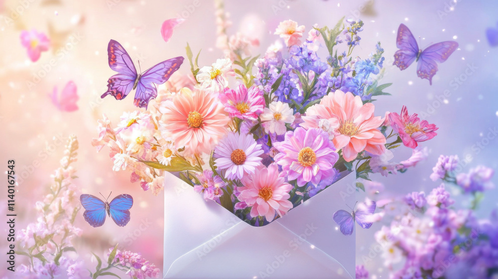 A detailed illustration of vibrant, colorful flowers blooming from an open envelope, with delicate butterflies fluttering around, set against a soft, light background. A detailed illustration of vibrant, colorful flowers blooming from an open envelope, with delicate butterflies fluttering around, set against a soft, light background.