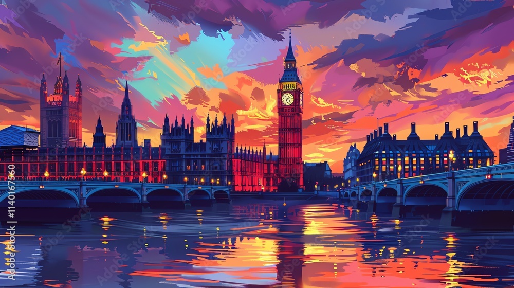 Naklejka premium A colorful illustration of Big Ben and the Houses of Parliament in London, England, at sunset.