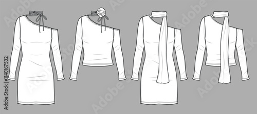 Vector mini bohemian dress with scarf fashion CAD, woman off shoulder blouse technical drawing, template, sketch, flat, mock up. Jersey or woven fabric top and dress set with front view, white color