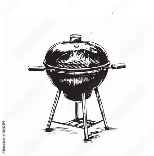 Kettle barbecue grill with flame Image vector. Hand drawn vector sketch of Barbecue grill and firewood.