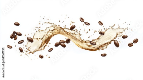 75.A captivating composition of a coffee splash in motion with coffee beans interspersed through the liquid, frozen mid-air against a stark white background. The splash forms flowing curves with