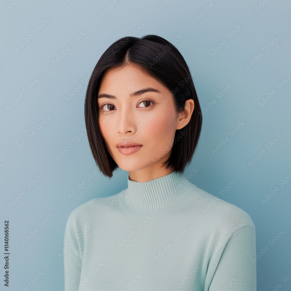 Confident half-body portrait of an Asian woman in a light blue studio setting with a sleek hairstyle. Poised expression and stylish elegance, ideal for fashion editorials or modern lifestyle designs. Confident half-body portrait of an Asian woman in a light blue studio setting with a sleek hairstyle. Poised expression and stylish elegance, ideal for fashion editorials or modern lifestyle designs.