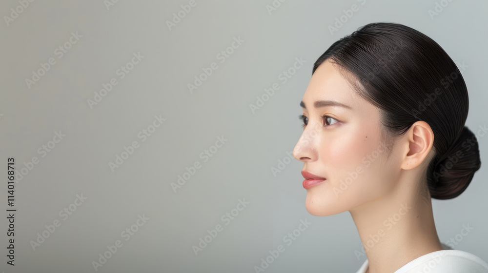 Artistic beauty portrait of a Japanese woman in cream white, featuring sleek hair and a serene expression, with a minimalist studio background enhancing the elegant and contemporary vibe. Artistic beauty portrait of a Japanese woman in cream white, featuring sleek hair and a serene expression, with a minimalist studio background enhancing the elegant and contemporary vibe.