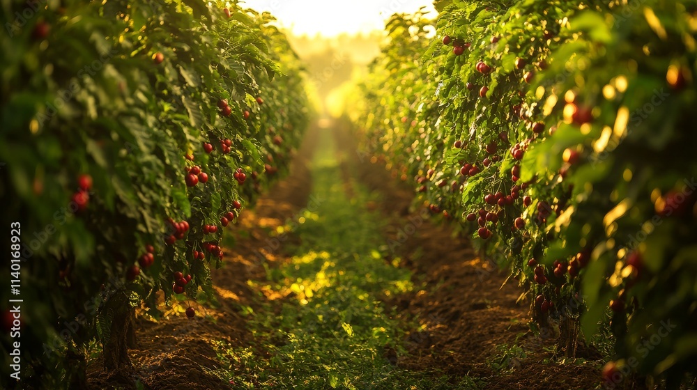 53.A coffee plantation scene featuring rows of coffee trees laden with ripening cherries. The image captures the contrasting red and green beans against the deep green leaves, with early morning