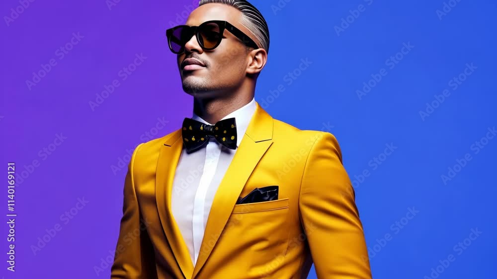 Stylish man in a bright yellow suit poses confidently against a colorful background at an event Stylish man in a bright yellow suit poses confidently against a colorful background at an event