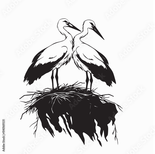 Black and white Stork Couple Image vector. Stork couple in their nest image vector 