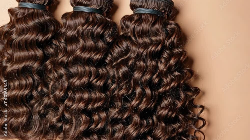 Three long brown hair extensions are shown in a row