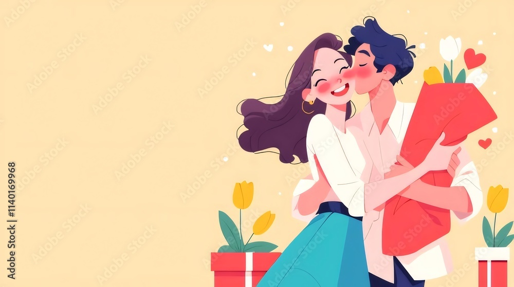 Happy couple embracing, man kissing woman's cheek, holding flowers. Happy couple embracing, man kissing woman's cheek, holding flowers.