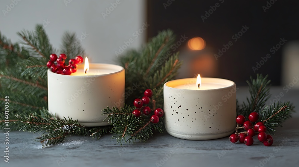 Holiday Candles with Holly Berries and Pine Branches on Table Holiday Candles with Holly Berries and Pine Branches on Table