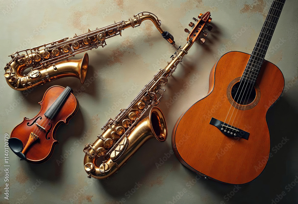 Obraz premium Musical instruments different top view on white background