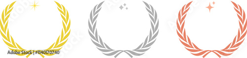 Laurel wreath of victory icon, set of gold, silver and bronze medals, laurel frame ranking decoration - vector