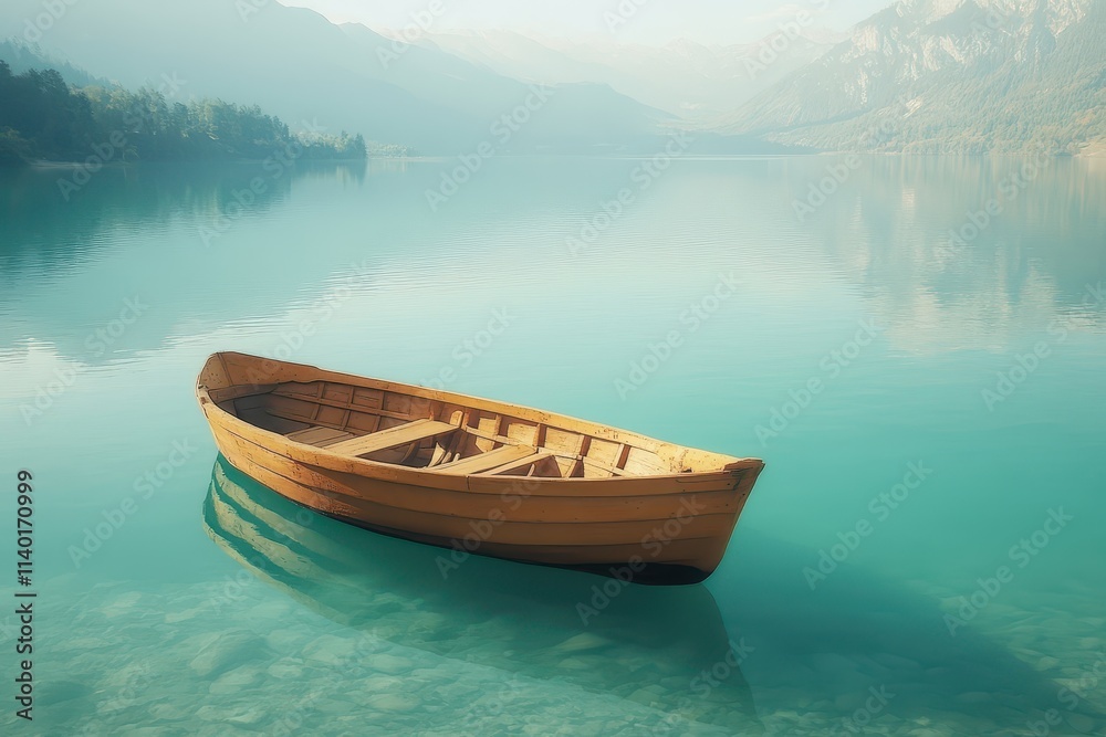 Small wooden boat floating on crystalclear turquoise lake surrounded by mountains, peaceful escape Small wooden boat floating on crystalclear turquoise lake surrounded by mountains, peaceful escape