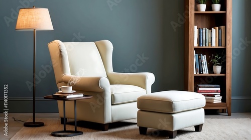Relaxing Reading Nook: Cream Wingback Armchair with Ottoman