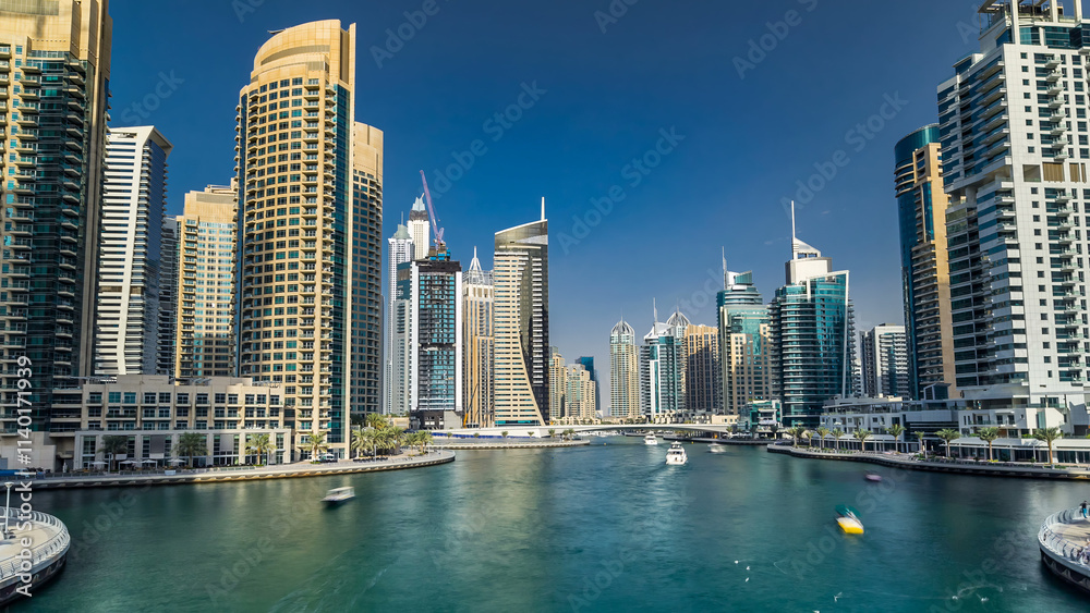 Dubai Marina towers and canal in Dubai timelapse hyperlapse Dubai Marina towers and canal in Dubai timelapse hyperlapse