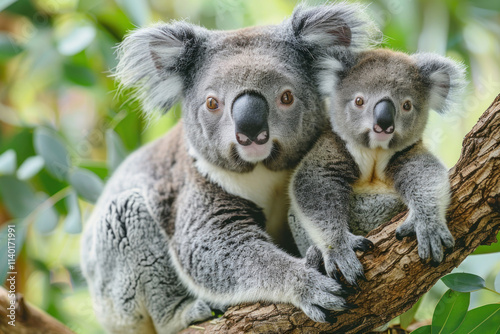 Koala, phascolarctos cinereus, Mother with Young standing on Branch,.   