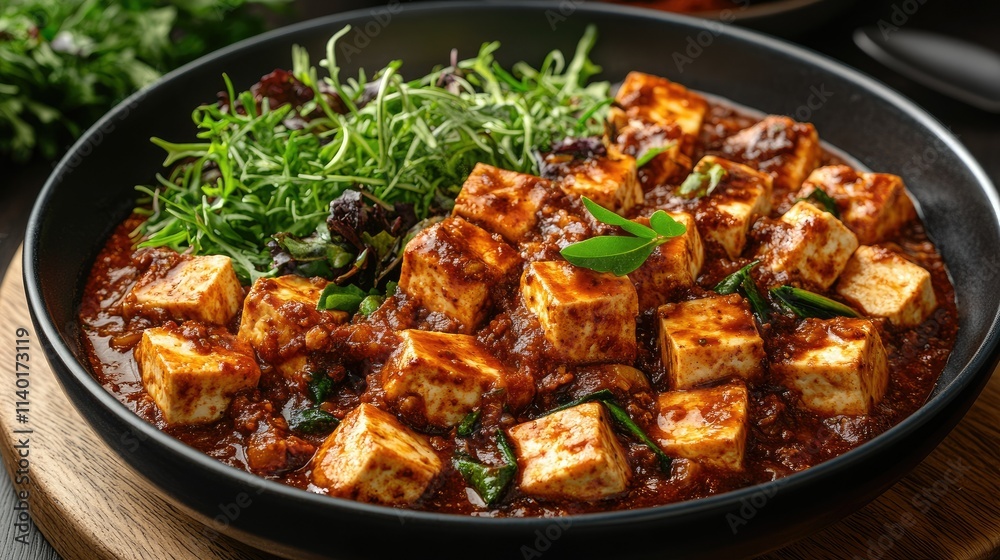Spicy tofu cubes in savory sauce with fresh greens, served in a dark bowl. Spicy tofu cubes in savory sauce with fresh greens, served in a dark bowl.