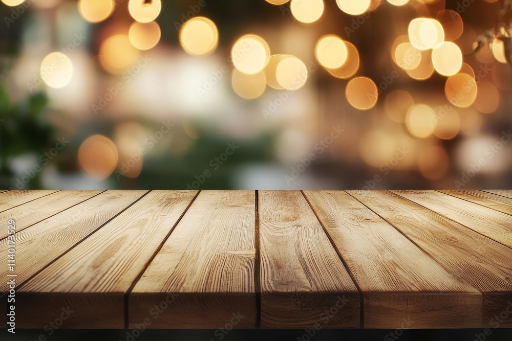 Empty wooden table with blurred bokeh lights background. Empty wooden table with blurred bokeh lights background.
