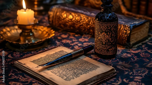 A Quill Pen and Ink Bottle Beside a Shakespearean Play and a Leather-Bound Journal