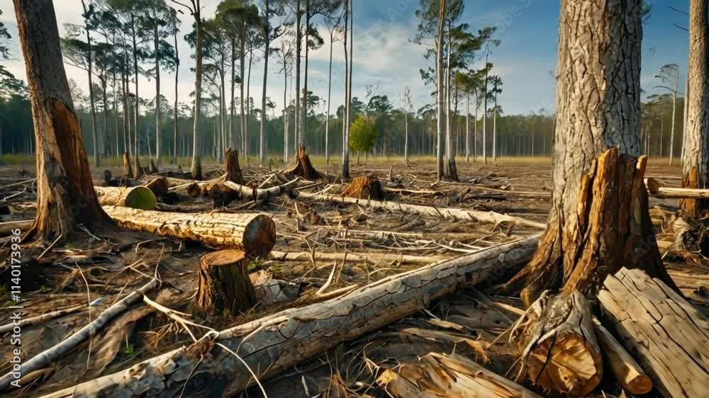 a deforested area with tree stumps a once dense forest now barren tree stumps scattered across the landscape a deforested area with tree stumps a once dense forest now barren tree stumps scattered across the landscape