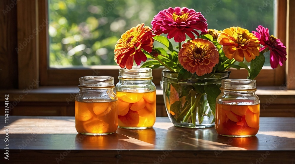 Vibrant zinnias and jars of fruit preserve shine in the warm sunlight of a cozy kitchen setting during a serene afternoon