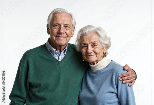 Beautiful elderly woman and man 60 years old in warm sweaters on white background
