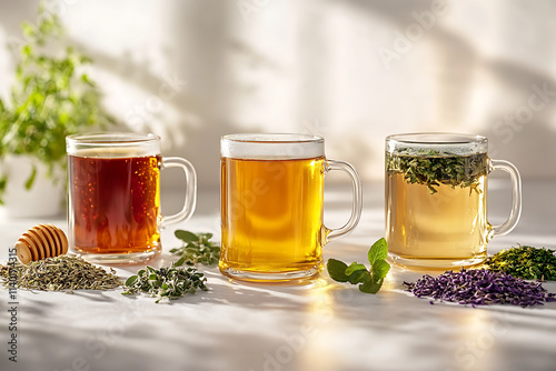 A Selection of Herbal Teas in Glass Mugs Surrounded by Fresh Ingredients. photo