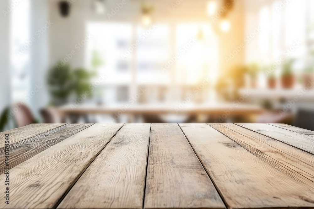 Empty rustic wooden table in a bright, modern cafe. Empty rustic wooden table in a bright, modern cafe.