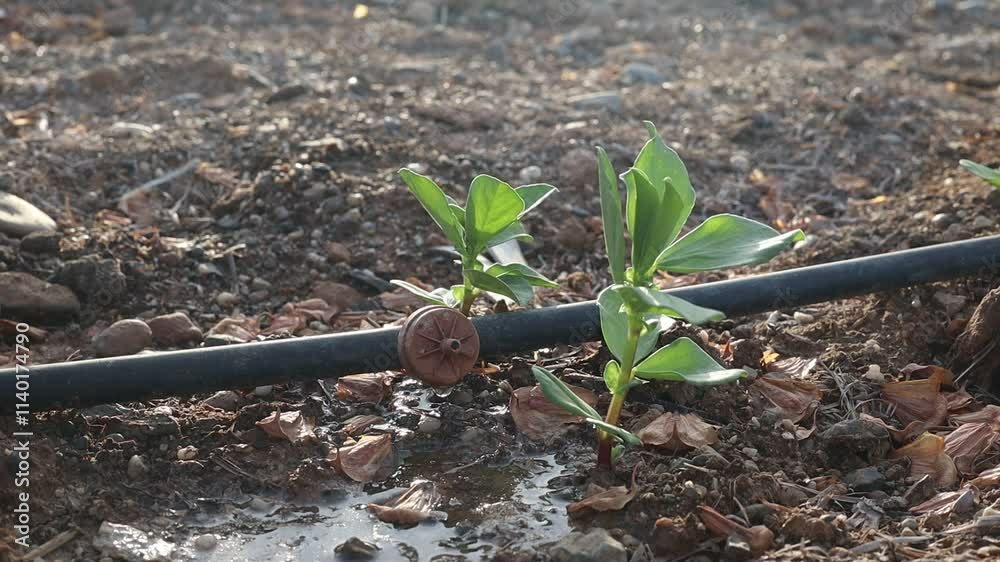 Riego por goteo al aire libre en un cultivo de habas con viento