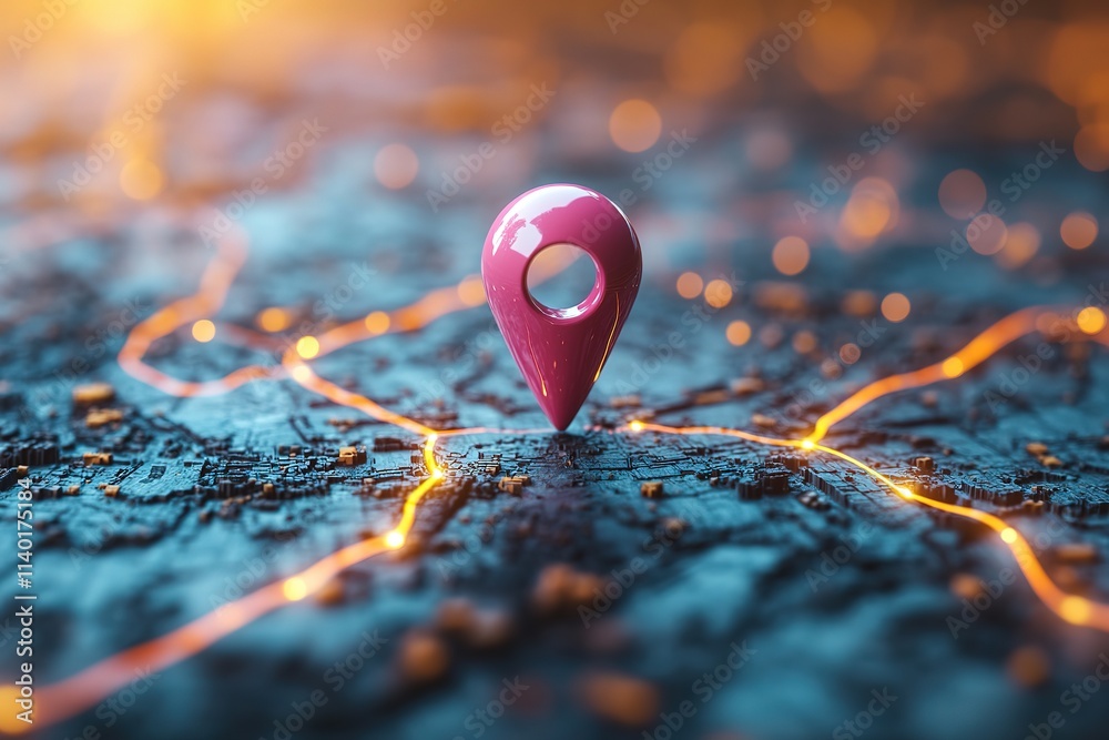 Pink Location Marker on Futuristic City Map Pink Location Marker on Futuristic City Map