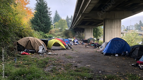 Homeless encampment under an urban bridge, Poverty concept