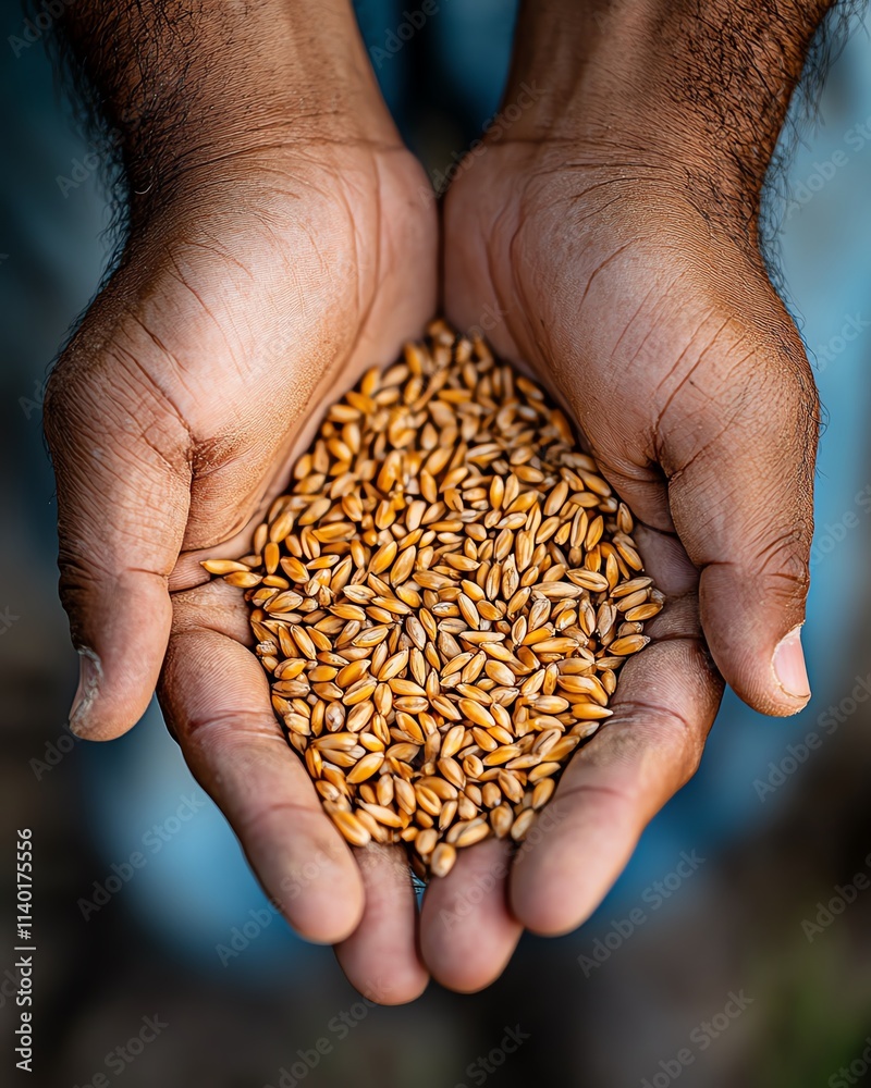 Closeup of farmer s hands holding fresh wheat grains in a golden wheat field Closeup of farmer s hands holding fresh wheat grains in a golden wheat field