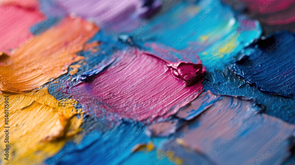Fototapeta premium A close-up of the original background featuring bold brushstrokes of multi-colored oil paint, with the thick texture of the paint highlighted.
