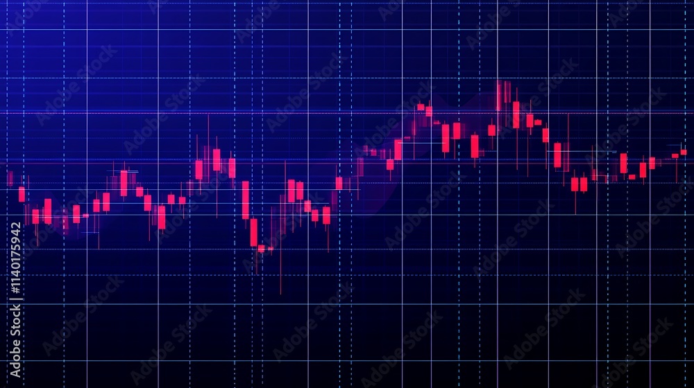 Closeup financial chart with uptrend line candlestick graph in stock market on blue color monitor background Closeup financial chart with uptrend line candlestick graph in stock market on blue color monitor background