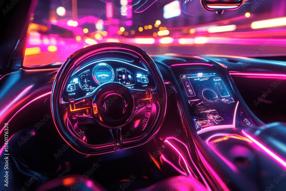Hyperrealistic image of a futuristic sports car with holographic dashboard and LED lights Hyperrealistic image of a futuristic sports car with holographic dashboard and LED lights