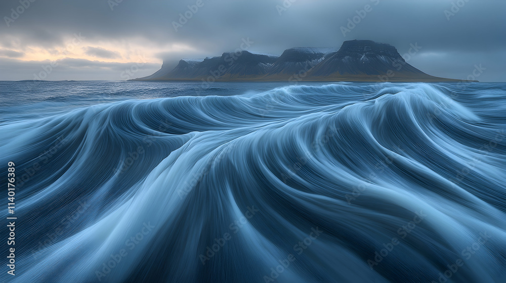 Ocean waves with a distant island backdrop. Ocean waves with a distant island backdrop.