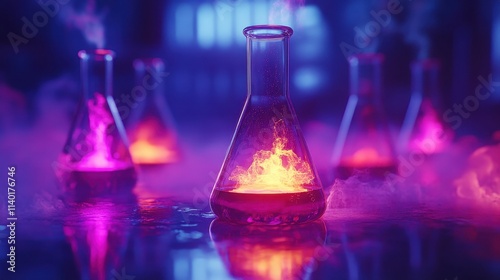 Colorful glowing flasks with smoke, suggesting a laboratory setting.