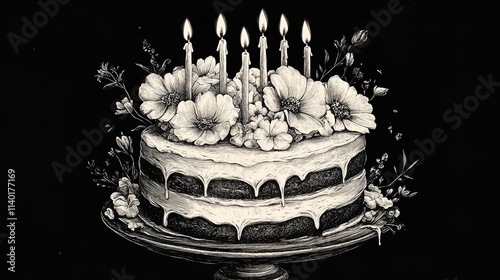 Birthday Cake Topped with Candles and Adorned with Flowers

 photo