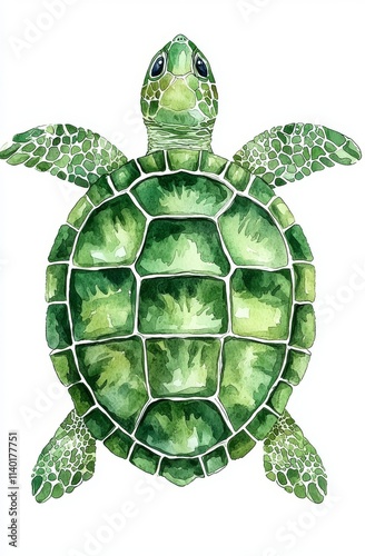 Stock illustration featuring a turtle painted in watercolor with a marine theme on a white backdrop. photo