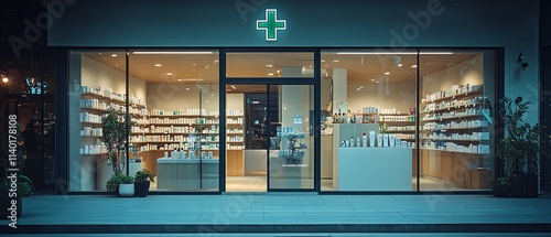 Pharmacy storefront with green cross sign on window, shelves of medical products visible inside, bright inviting atmosphere, professional chemist signage, modern clean design
