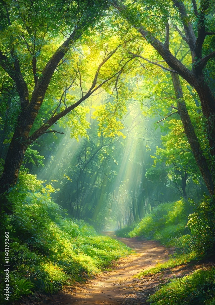 Fototapeta premium The park's trees are beautifully lit by bright sunrays, with a path leading up the hill towards the sun.