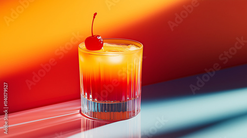 Colorful tequila sunrise with layered orange and red hues and maraschino cherry on top photo