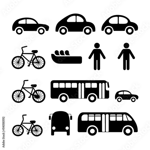 A collection of black silhouette icons representing various modes of transportation, including cars, buses, and a unique vehicle