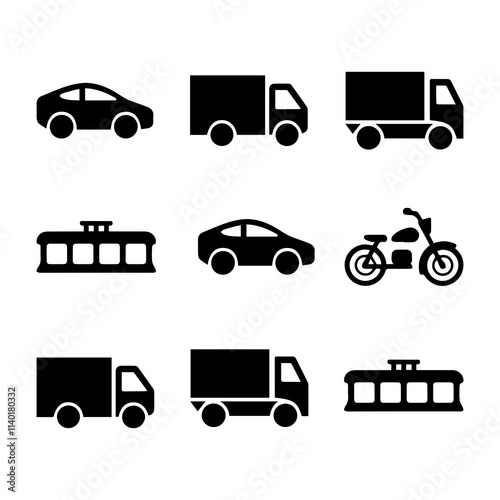A collection of black silhouette icons representing various modes of transportation, including cars, buses, and a unique vehicle