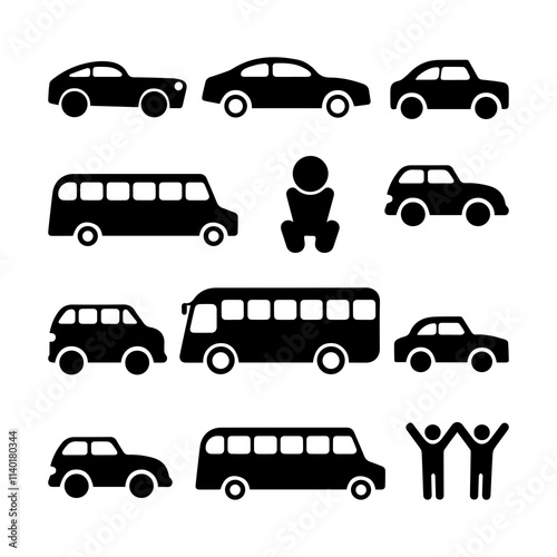 A collection of black silhouette icons representing various modes of transportation, including cars, buses, and a unique vehicle