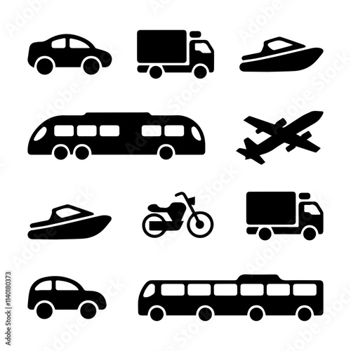 A collection of black silhouette icons representing various modes of transportation, including cars, buses, and a unique vehicle
