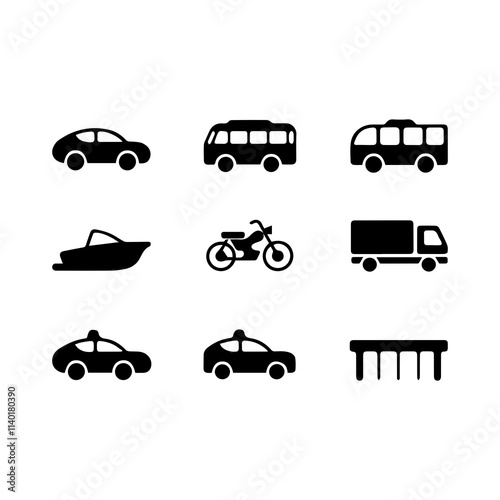 A collection of black silhouette icons representing various modes of transportation, including cars, buses, and a unique vehicle