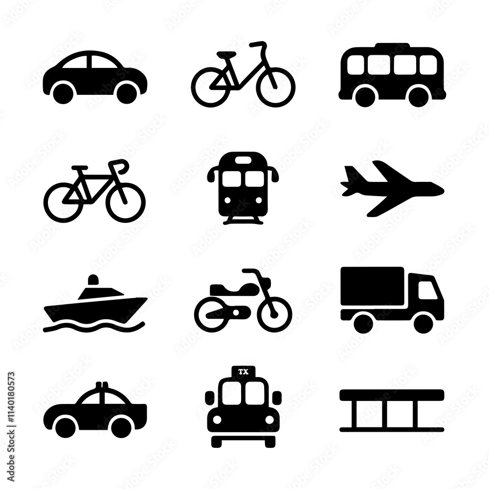 A collection of black silhouette icons representing various modes of transportation, including cars, buses, and a unique vehicle